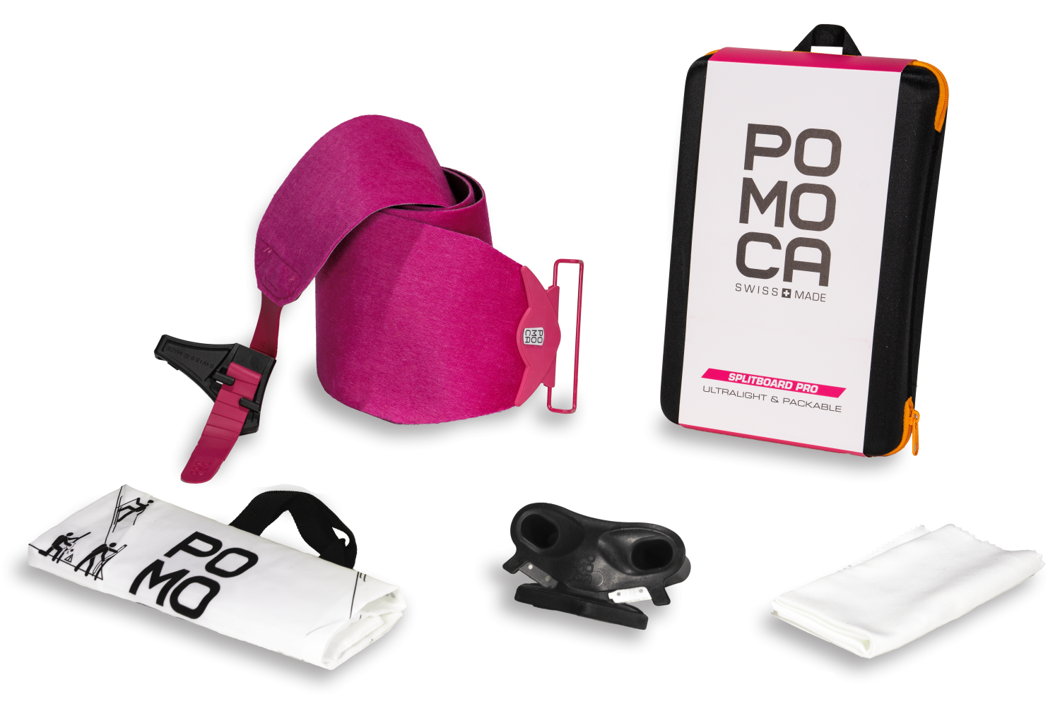 Un set di accessori per splitboard, che comprende pelli da arrampicata di colore rosa, una sacca di stoccaggio, una borsa e un attrezzo.