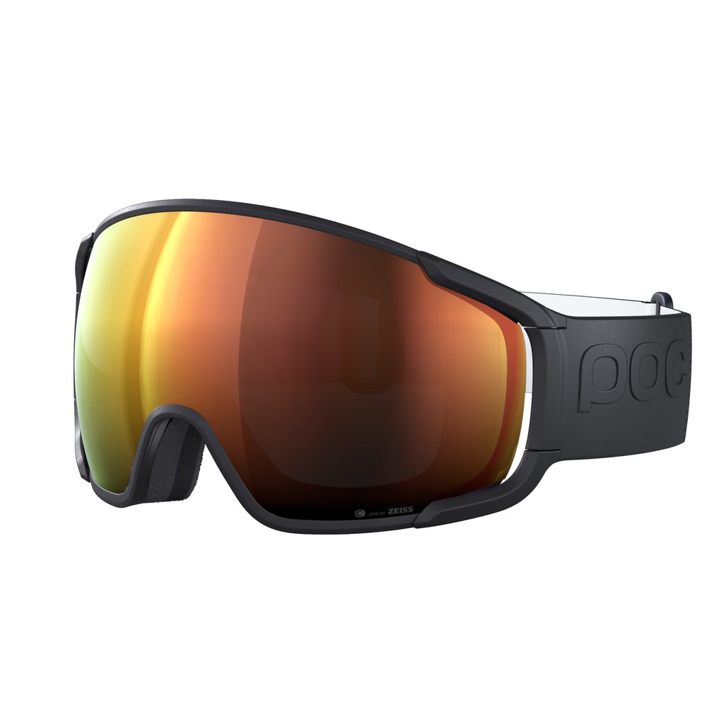 Frontale Ansicht der POC Zonula Clarity Skibrille in Uranium Black mit orangefarbenem Glas.