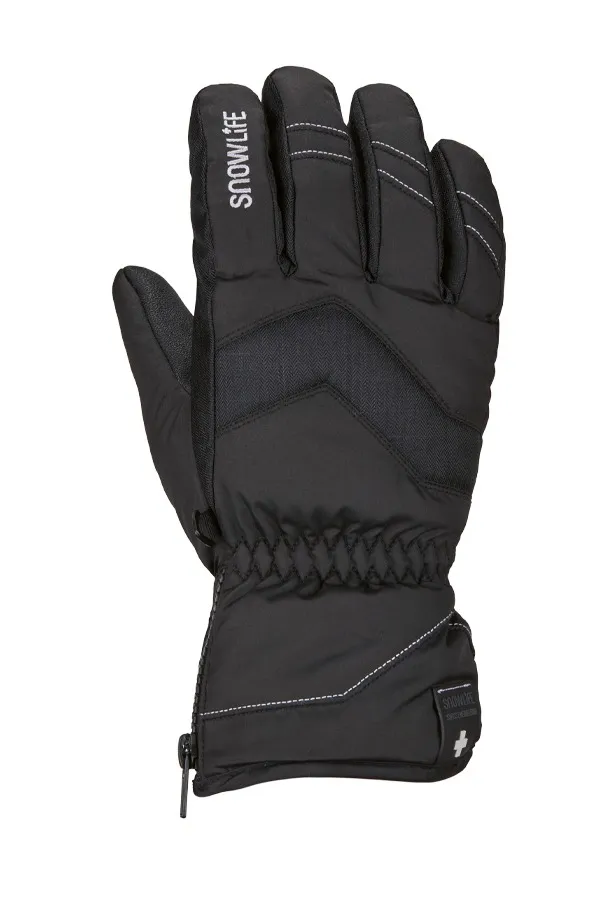 Black Snowlife Vivid Glove for women, from the front, with zipper on the cuff and logo on the back of the hand.