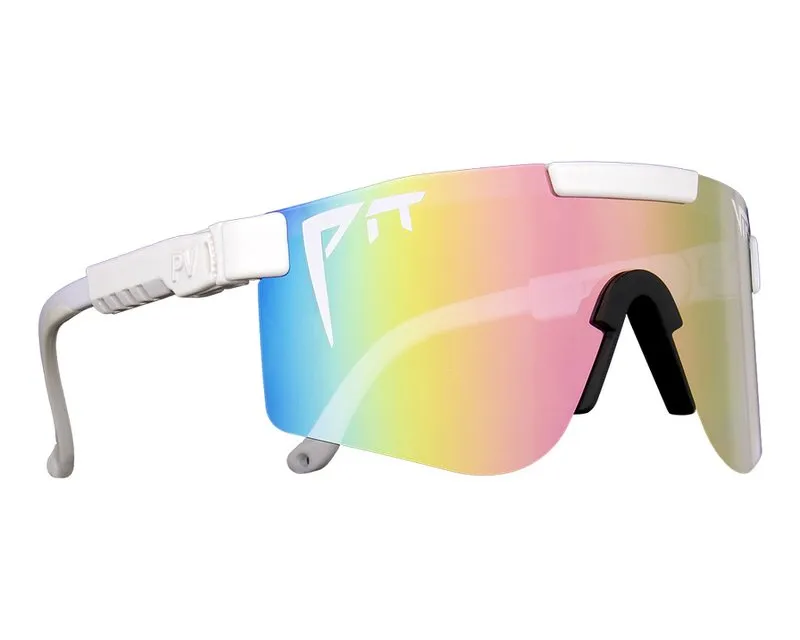 Occhiali da sole "The Miami Nights Double Wide" con montatura bianca e lenti color arcobaleno.