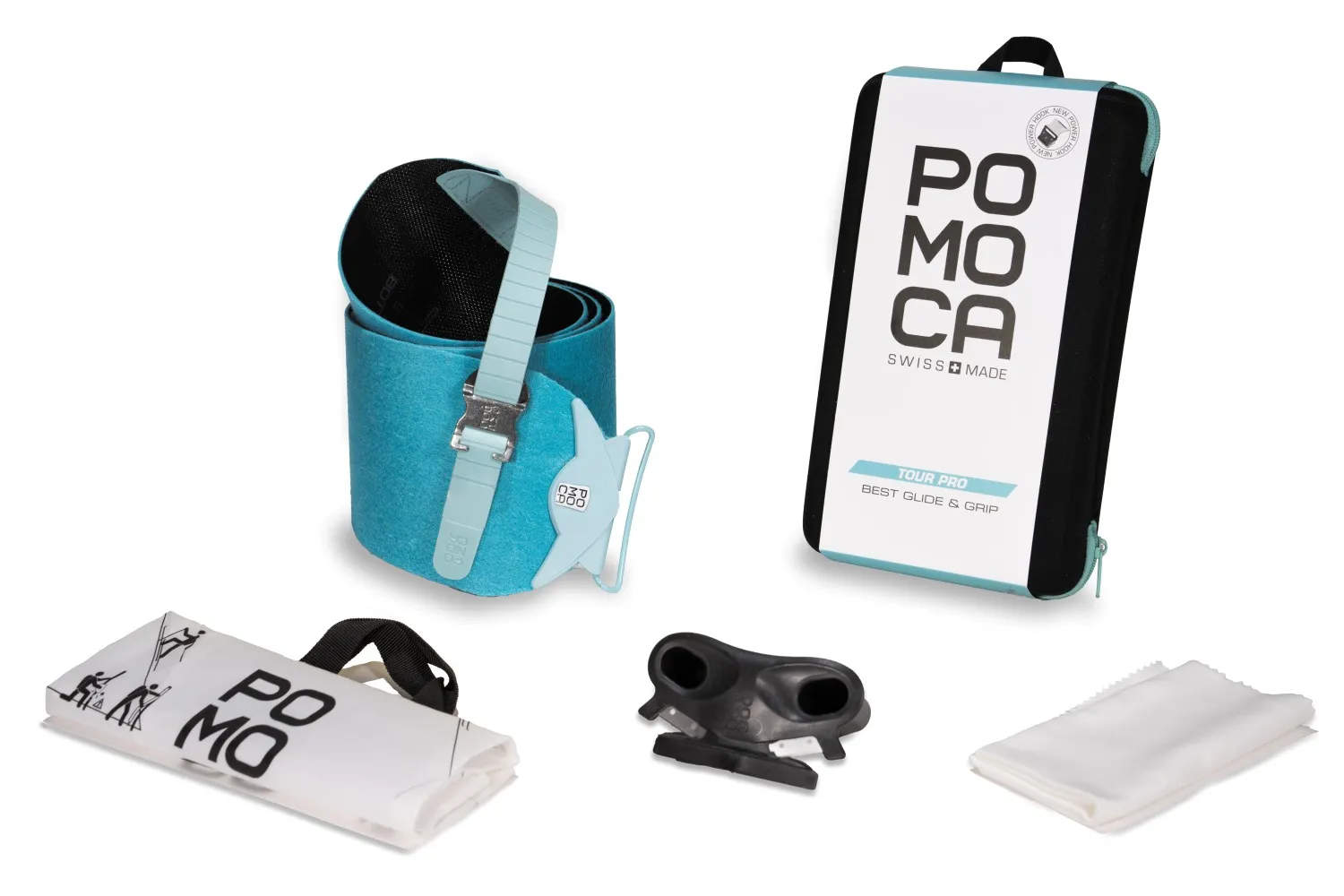 A set for ski touring equipment with skin roller, bag, pouch, cleaner and mounting aid on a white background.
