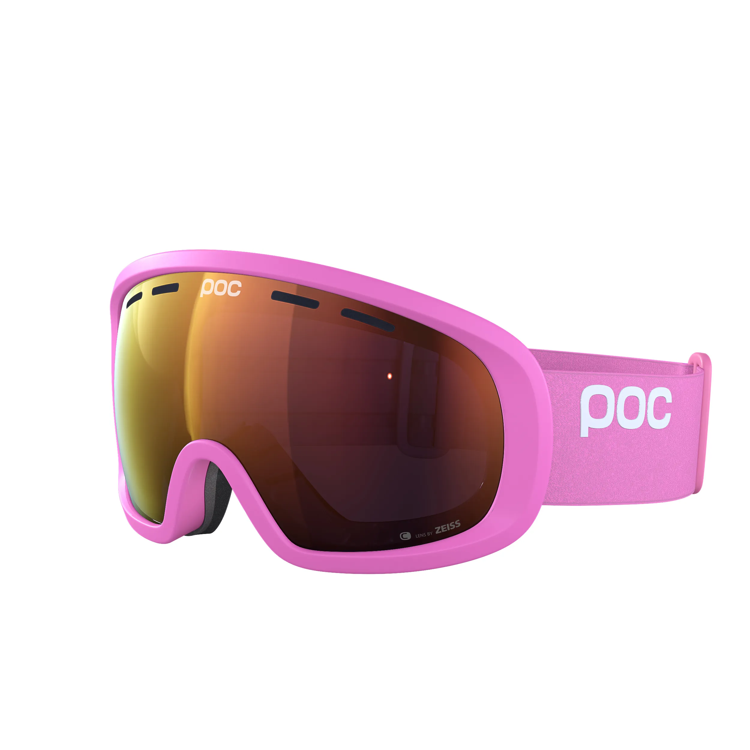 Nahaufnahme der POC Fovea Mid Clarity Skibrille in Actinum Pink mit Spektris Orange Scheibe.