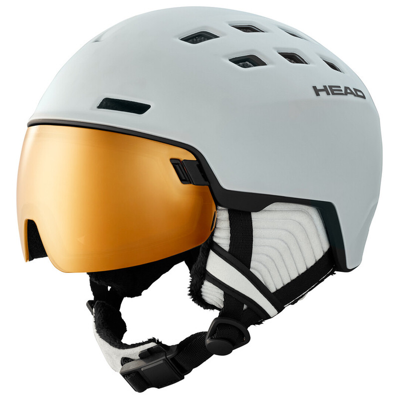 Weisser Skihelm "Head Rachel Pola White" mit goldenem Visier und Belüftungslöchern.