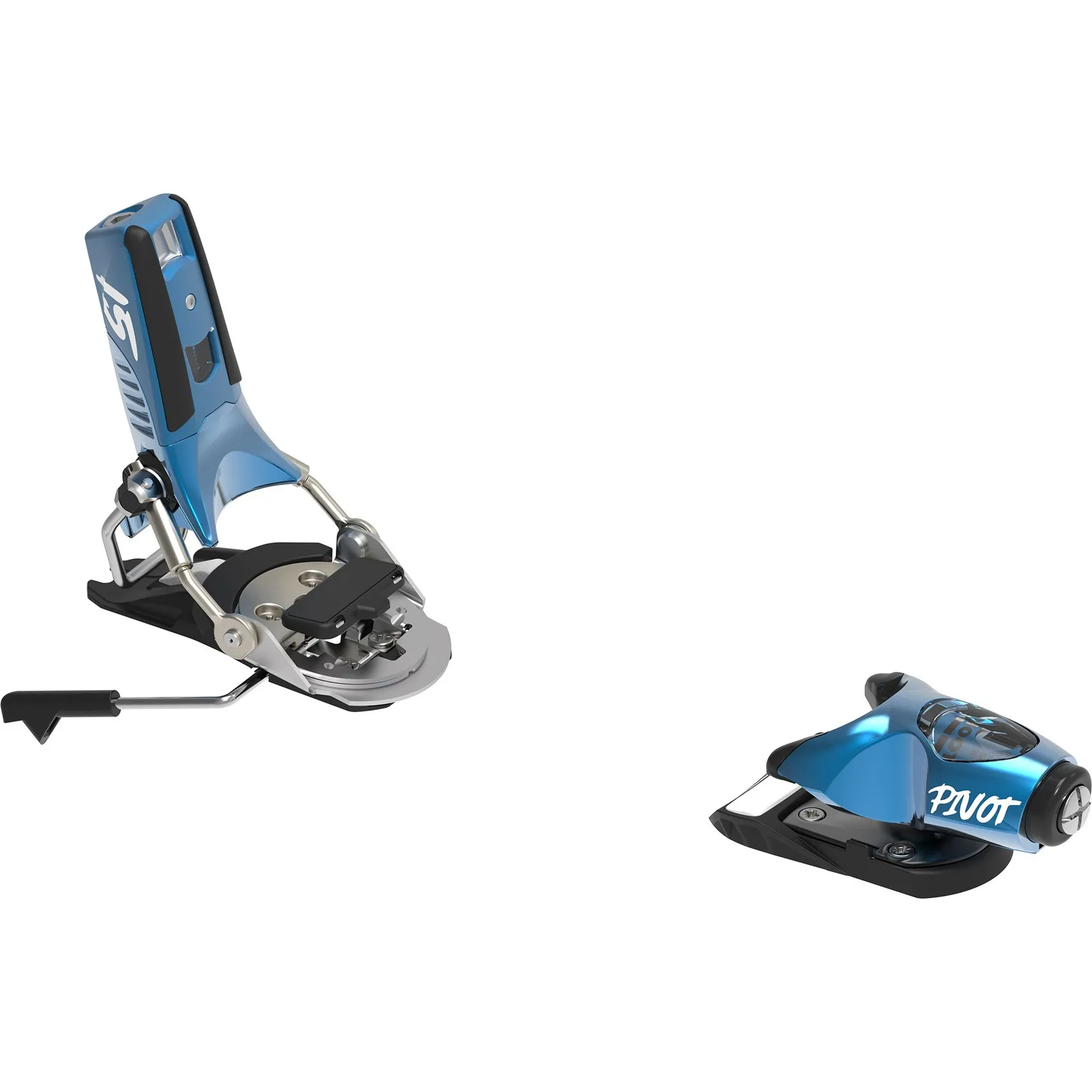 Blue Look Pivot 2.0 15 GW ski binding, side view. The front and rear of the binding can be seen on a white background.