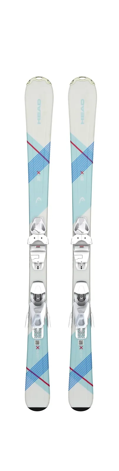 Front view of the Head Joy SLR Pro ski with blue, white and red design elements and mounted binding.