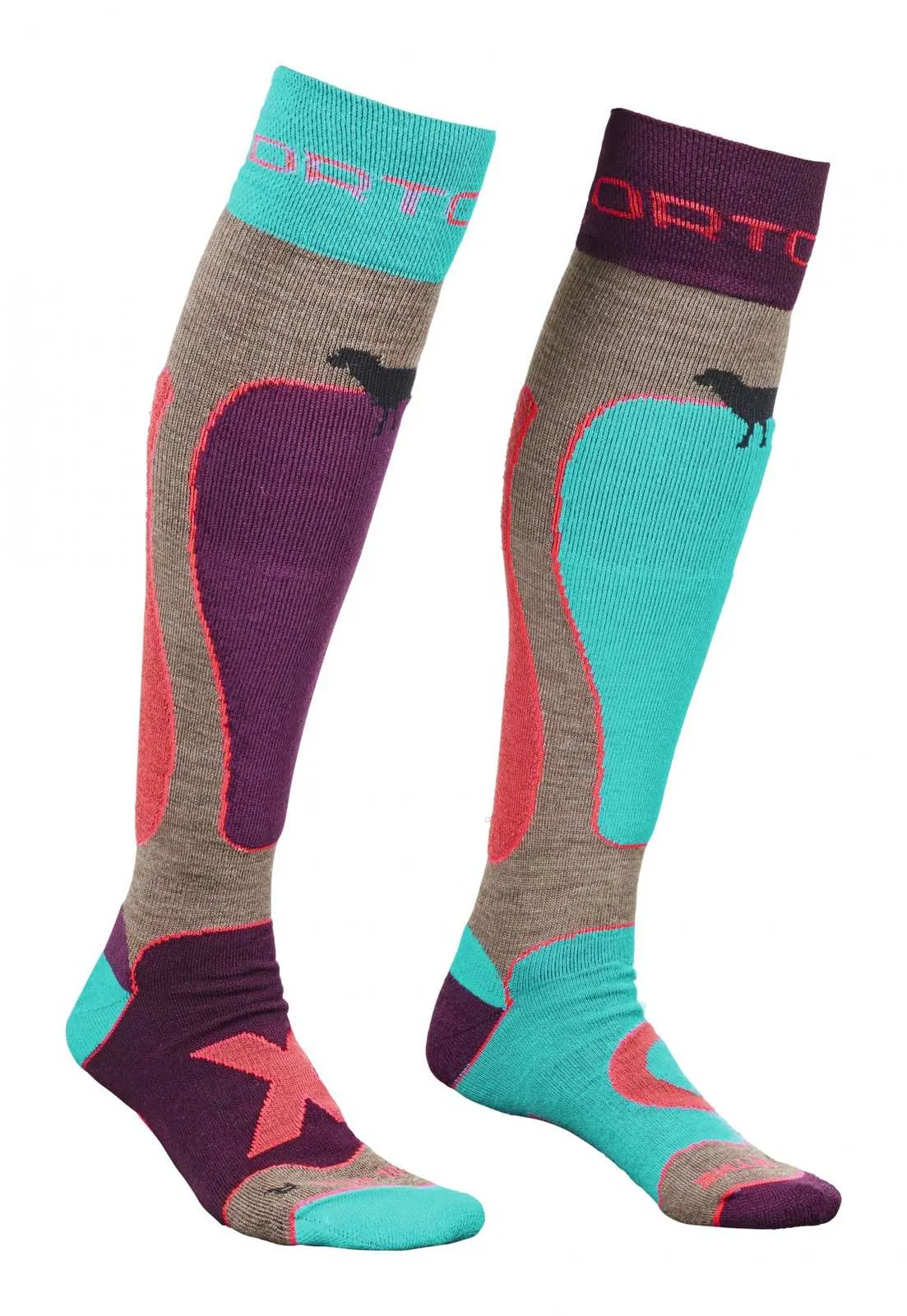 Two colorful ski socks with merino wool, different colors on the feet and shins. The logo with the little dog can also be seen.