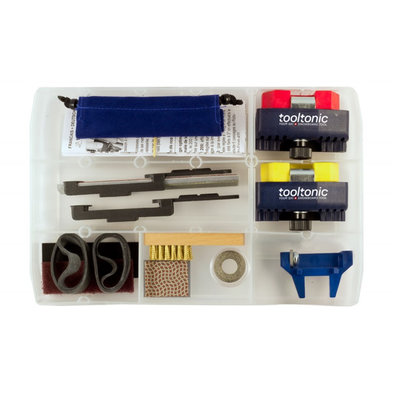Transparente Box mit Tooltonic Ultra Tuning Werkzeugset, Feilen, Bürsten und Halterungen für Ski und Snowboard.
