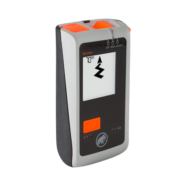 Barryvox LVS-Gerät grau Graues Barryvox LVS-Gerät mit Display, das 70 Meter Distanz und eine verschüttete Person anzeigt.