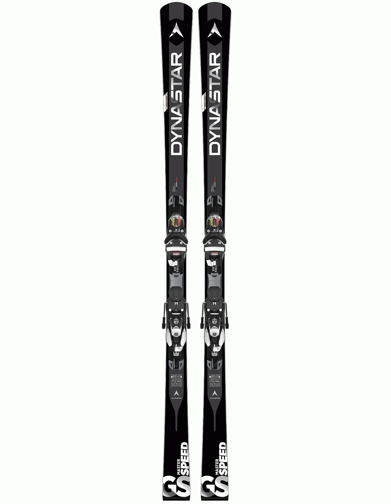 Schwarze Dynastar Speed Master GS Ski mit montierter Bindung von vorn.