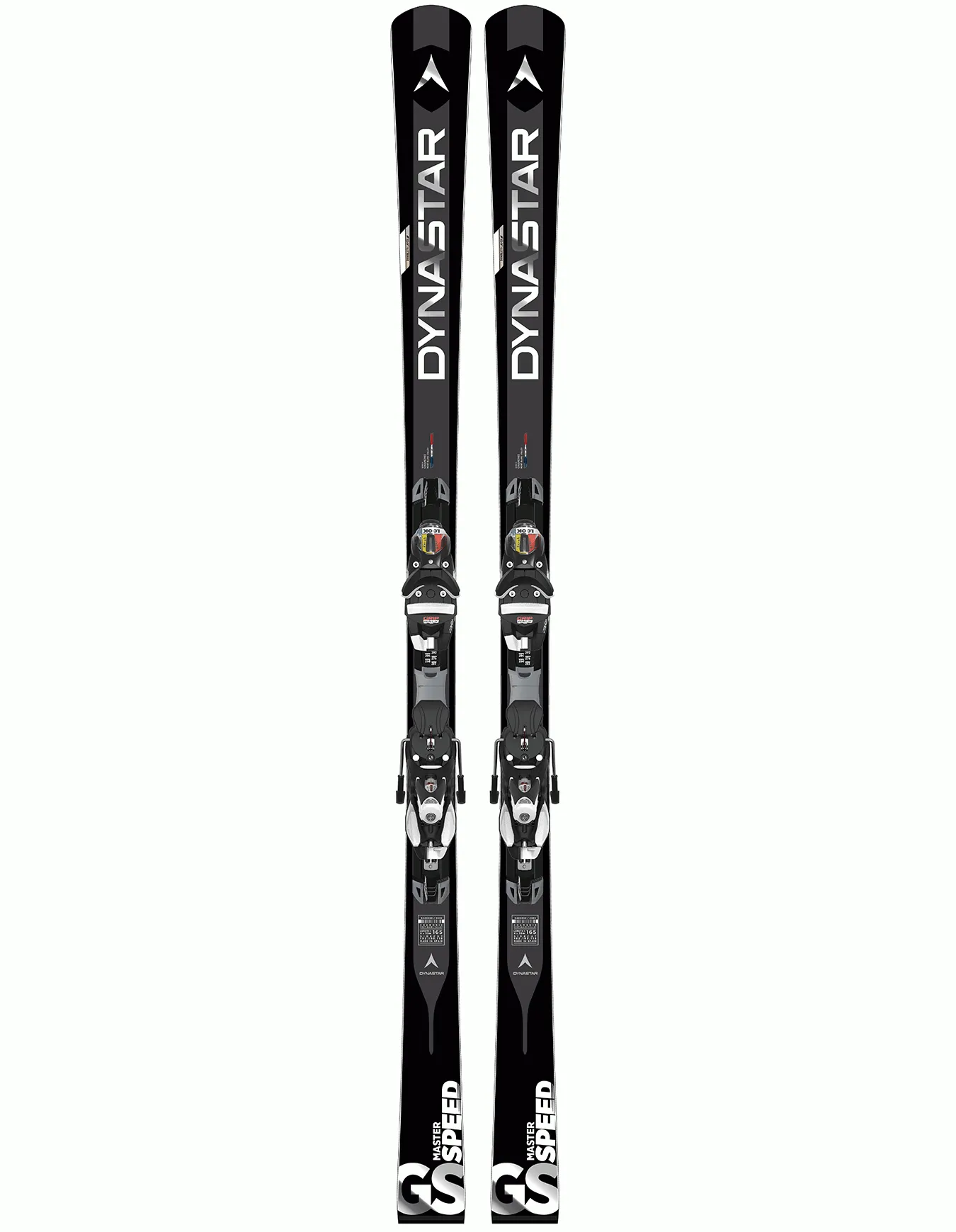 Schwarze Dynastar Speed Master GS Ski mit montierter Bindung von vorn.