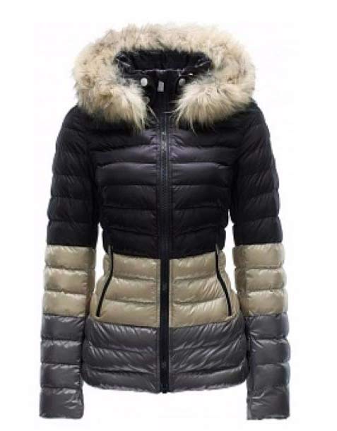 Quilted Toni Sailer Margot jacket in black, sand and gray with a fur hood.