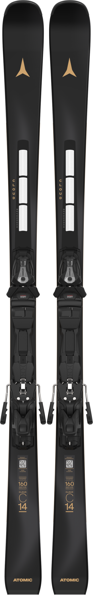 Zwei schwarze Atomic-Ski mit montierten Bindungen, vertikal angeordnet, die Spitzen zeigen nach oben. Goldene Akzente und weiße Streifen sind sichtbar.