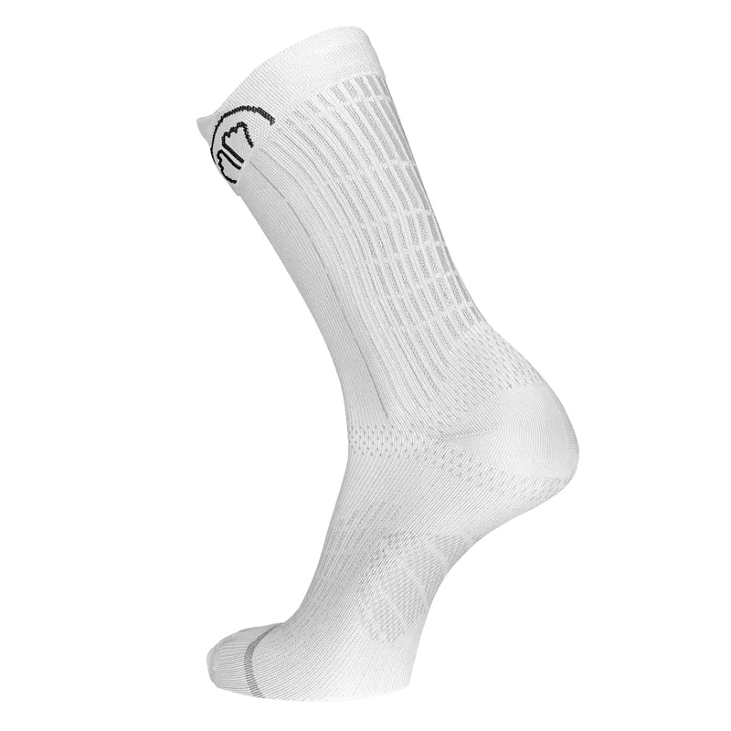 White, knee-length sports sock with gray stripes and a small black logo at the top.