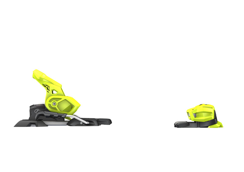 Gelbe Ski-Bindung, ATTACK² 14 GW, seitliche Ansicht. Vorder- und Hinterteil der Bindung sind getrennt dargestellt.