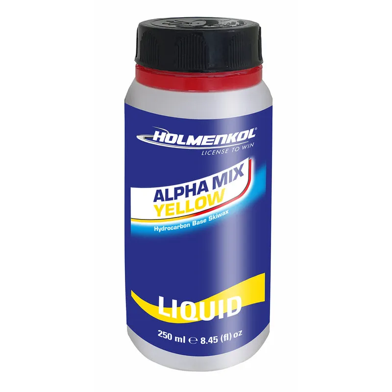 Bouteille argentée Holmenkol Alphamix YELLOW Liquid, étiquette bleue avec écriture jaune.