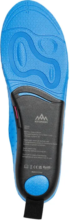 Blue, heatable sole from below, with integrated black battery and operating instructions.