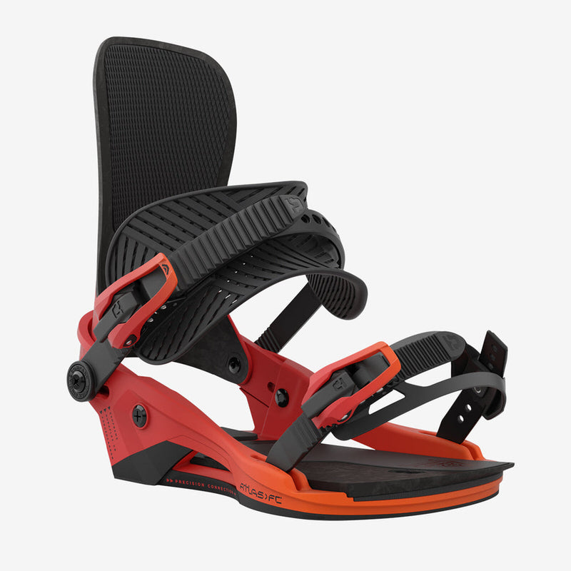 Snowboard binding Atlas FC in lava orange. Detailed view of the black and orange mount.