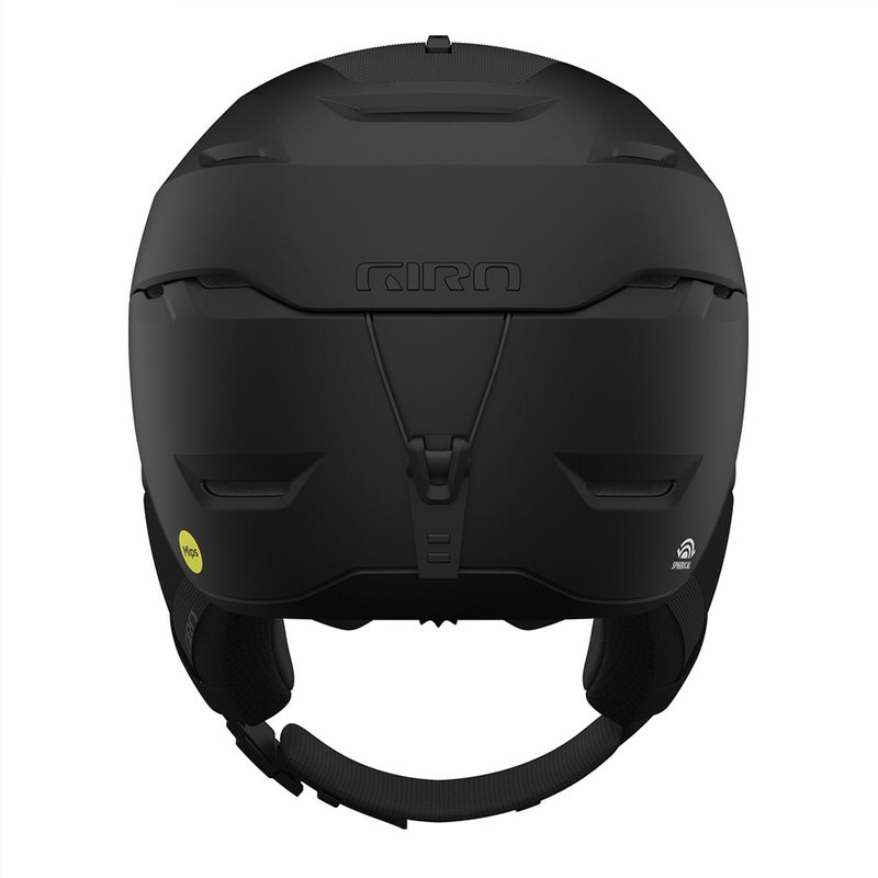 Mattschwarzer Giro Tor Spherical Mips Skihelm von hinten mit Fidlock Verschluss und Mips Aufkleber.