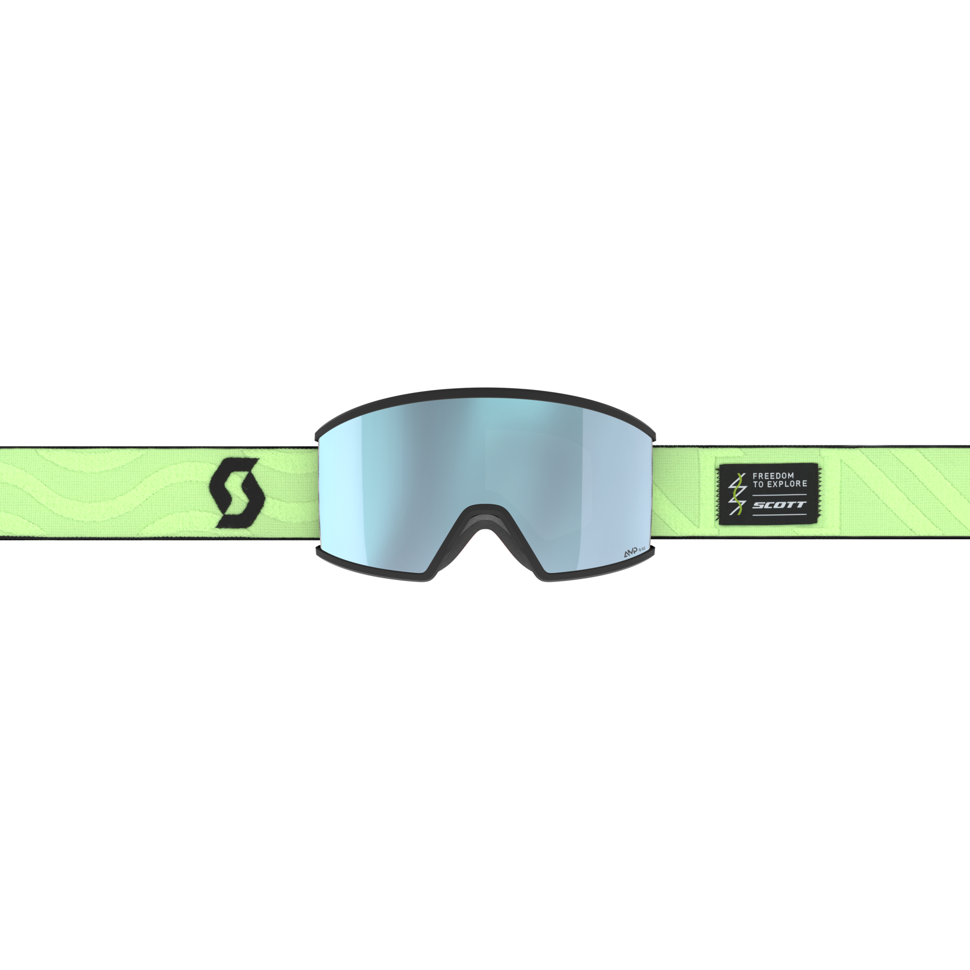 Vue centrée sur le Goggle Ambit avec écran AMP et bandeau vert clair avec logo de la marque.