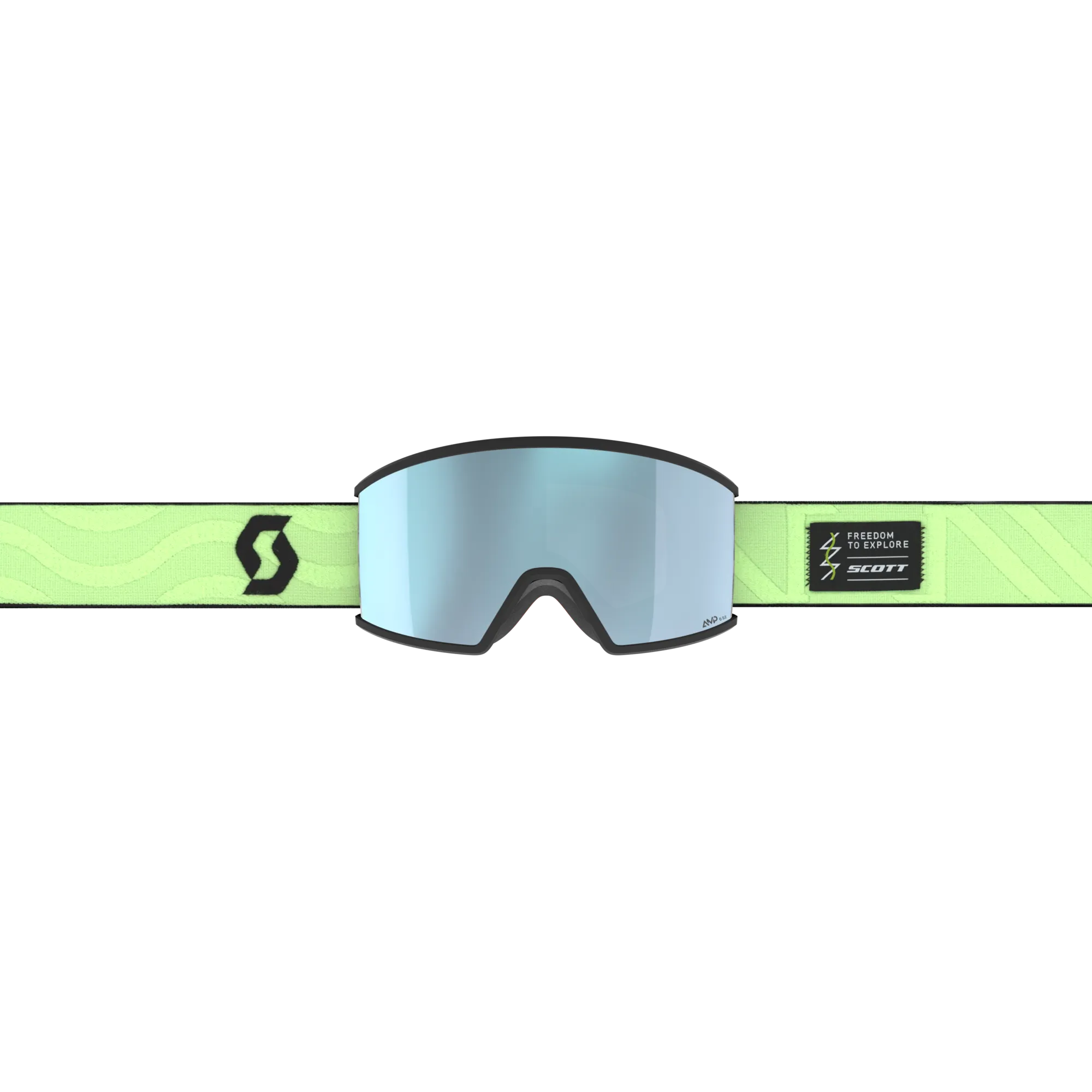 Vue centrée sur le Goggle Ambit avec écran AMP et bandeau vert clair avec logo de la marque.