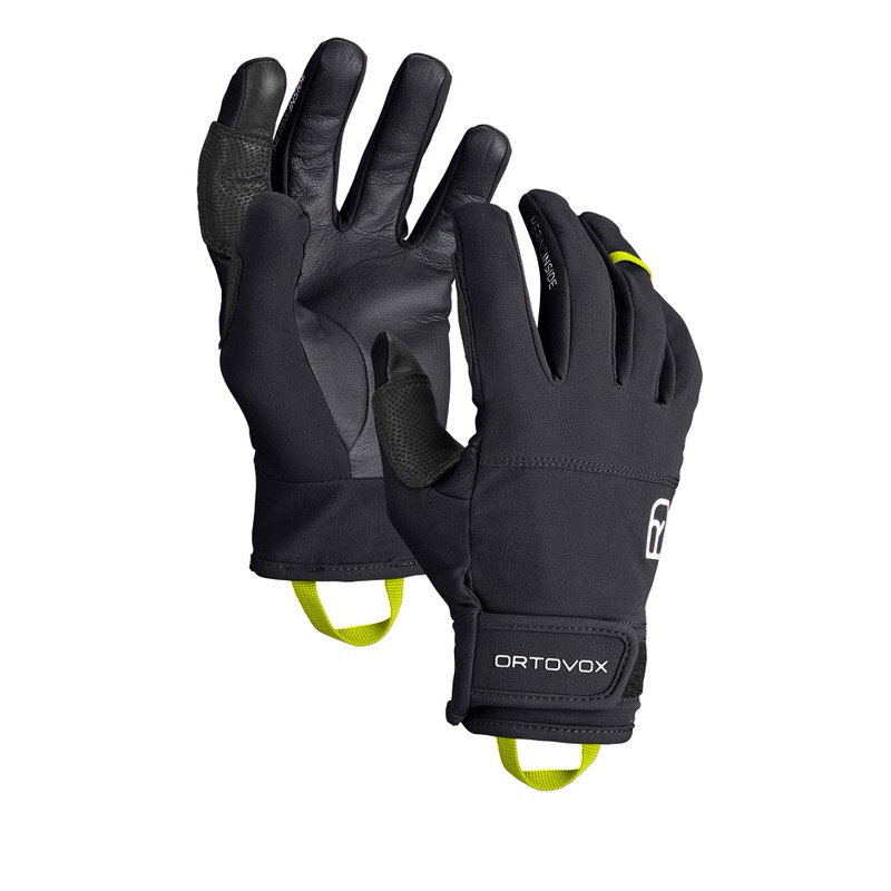 Zwei schwarze Ortovox Tour Light Handschuhe, einer mit sichtbarer Innenfläche.
