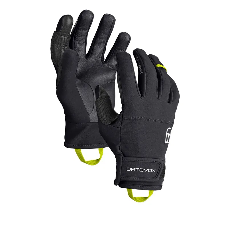 Due guanti neri Ortovox Tour Light, uno con palmo visibile.