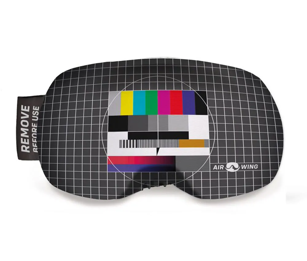 Protective ski goggle cover with TV test pattern and grid pattern, information label and Airwing logo.