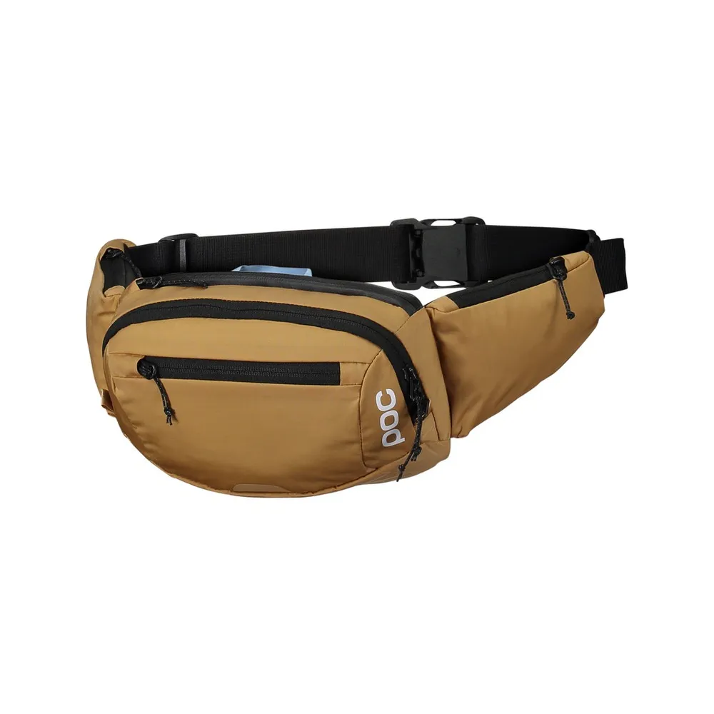 Close-up of the POC Lamina hip bag in Aragonite Brown with black strap and zippers.