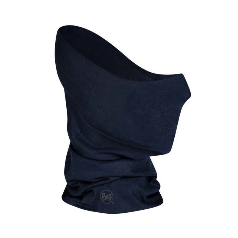 Dunkelblauer, wiederverwendbarer Buff Tube Solid Night Blue, der Hals und Gesicht bedeckt.