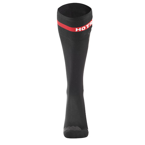Schwarze, knielange Heat Socks Surround Race mit rotem Streifen und Herstellerlogo im oberen Bereich.