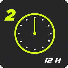 Grüne Uhr Icon Icon mit Uhr, Zifferblatt grün, Zeiger auf 12 Uhr, links oben Zahl 2, unten Text 12H.