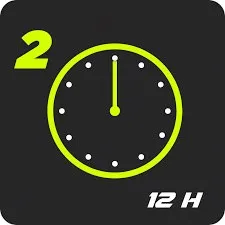Icon with clock, green dial, hands at 12 o'clock, top left number 2, bottom text 12H.