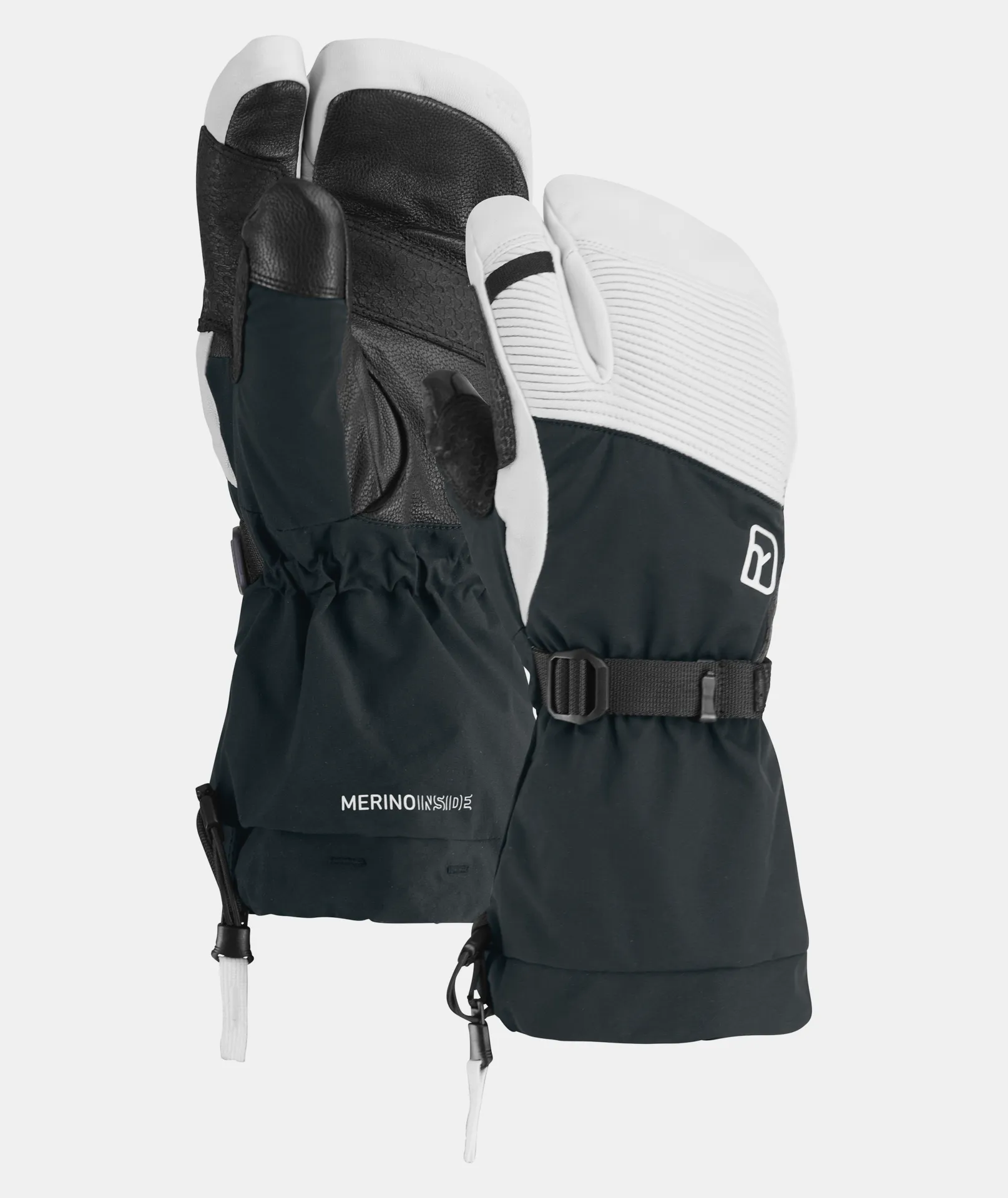 Black freeride 3-finger glove, with white upper part and merino fleece inner glove.