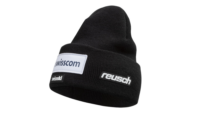 Schwarze Reusch Swiss-Ski Team Street Beanie mit Logos von Swisscom, Swiss-Ski und Reusch.