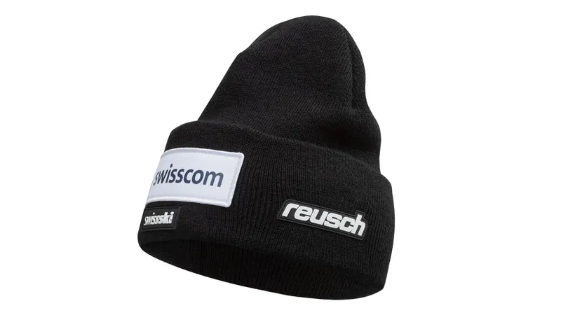 Schwarze Reusch Swiss-Ski Team Street Beanie mit Logos von Swisscom, Swiss-Ski und Reusch.