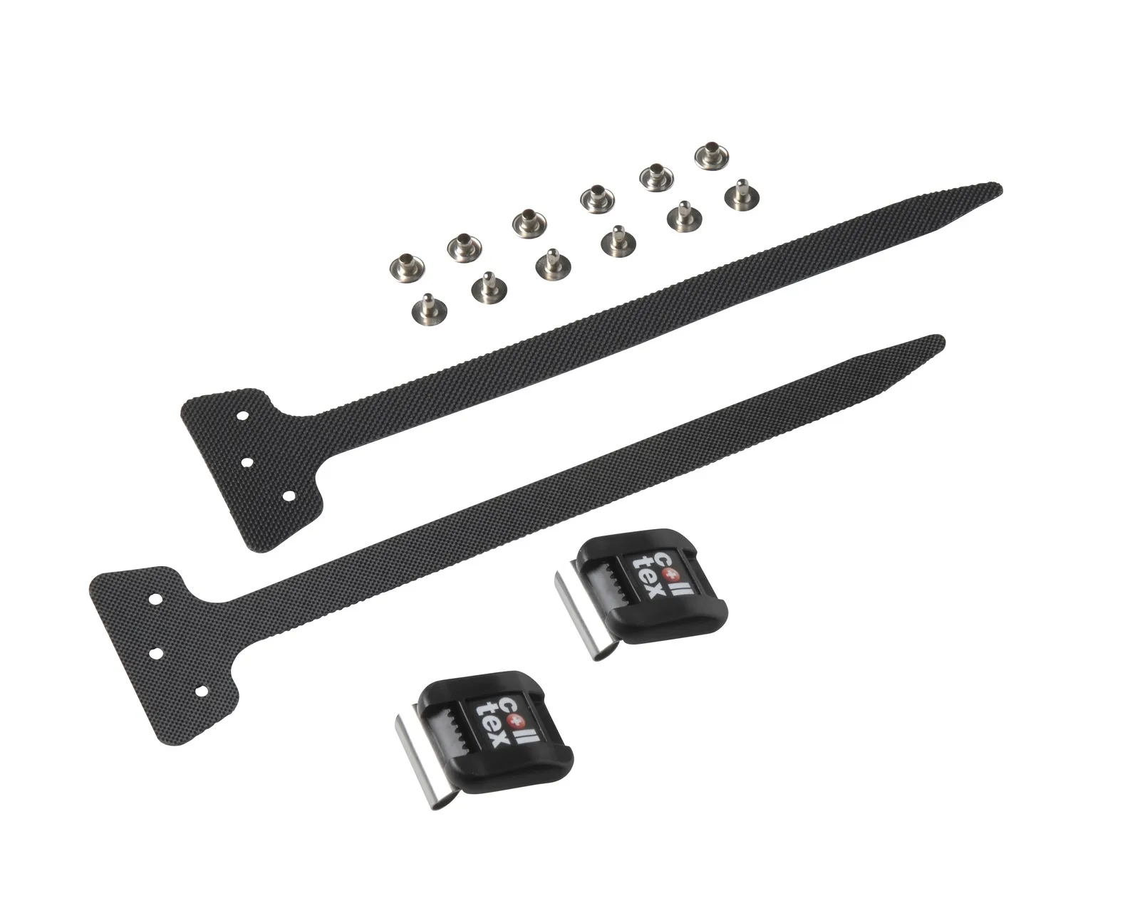 Colltex Camlock Kit: Two perforated straps, two end hooks with logo and six rivets.