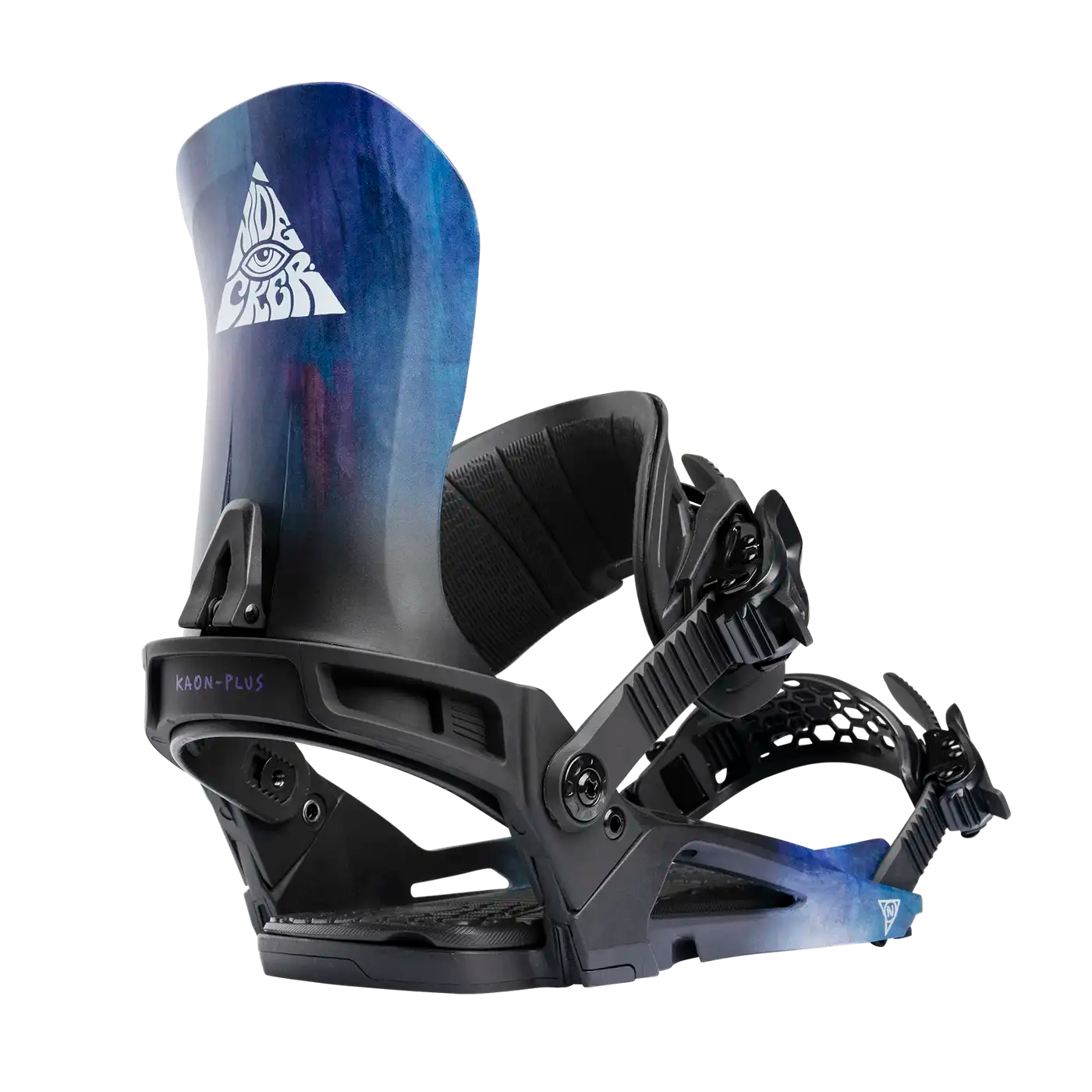 Eine Snowboardbindung in Schwarz und Blau, mit einem grafischen Logo auf dem hohen Schaft.