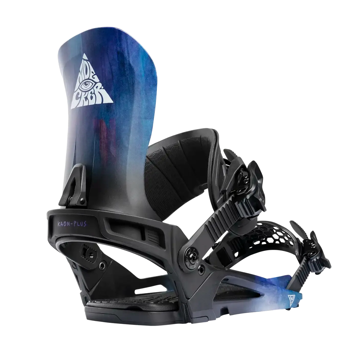 A snowboard binding in black and blue, with a graphic logo on the high shaft.