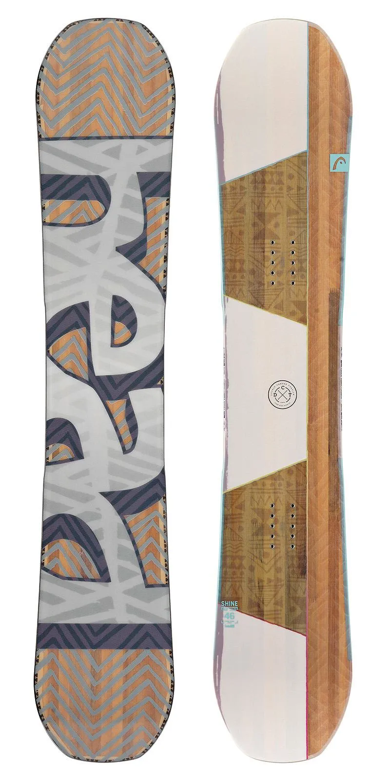 Due tavole da snowboard Head Snowboards affiancate, con disegni diversi sulla parte superiore e inferiore.