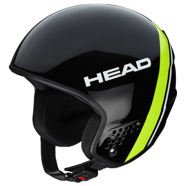 Schwarzer Head Stivot Race Carbon Skihelm mit Kinnriemen, Belüftung und gelb-weissen Streifen.