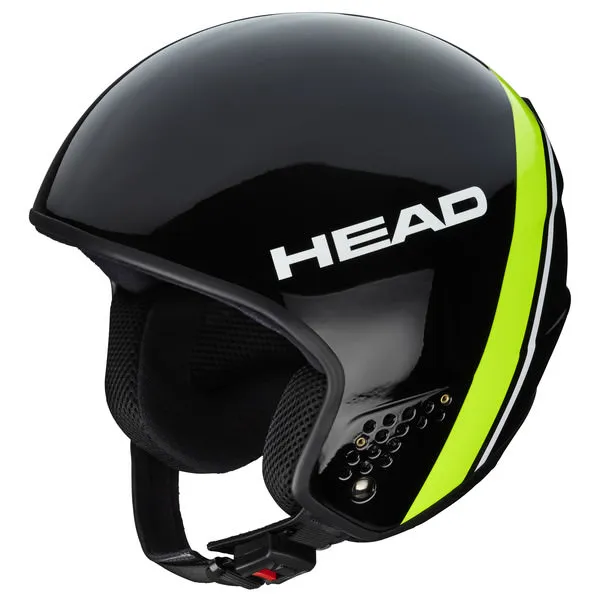Schwarzer Head Stivot Race Carbon Skihelm mit Kinnriemen, Belüftung und gelb-weissen Streifen.