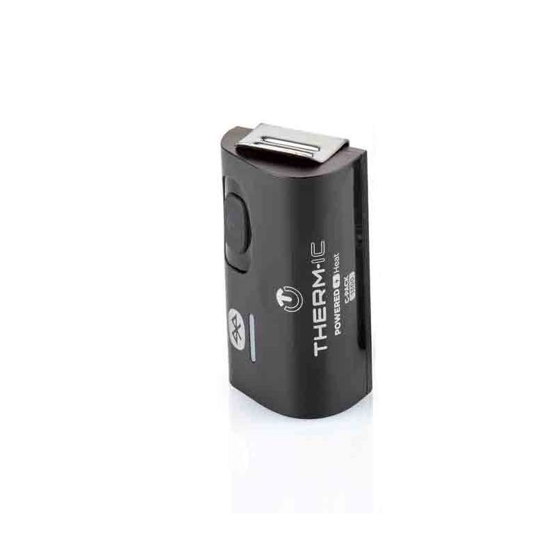 Batterie individuelle noire Therm-ic C-Pack 1300 B avec symbole Bluetooth, bouton et clip métallique sur le dessus.