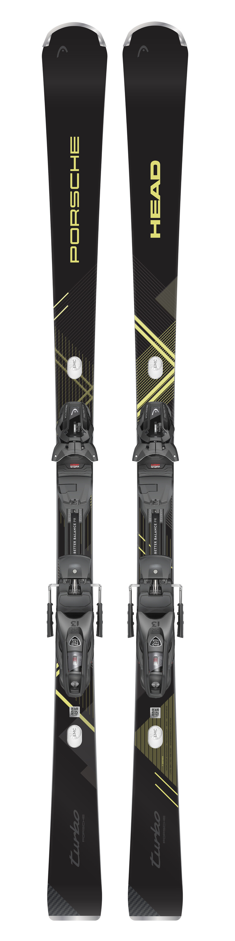 Zwei schwarze Head Porsche 7 Series Ski mit gelber Aufschrift und Bindungen.