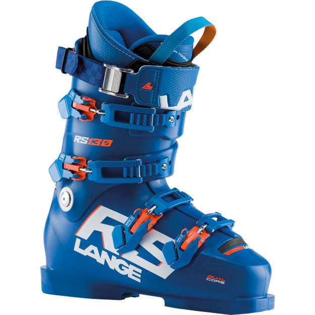 Blauer Lange RS 130 Skischuh mit Schnallen und weißem "Lange" Schriftzug.