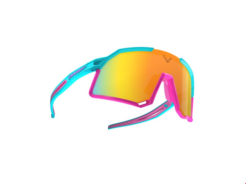 Sonnenbrille Trail Evo Silvretta: Orangefarbene Gläser, türkiser Rahmen mit pinken Akzenten, schwebend vor weißem Hintergrund.