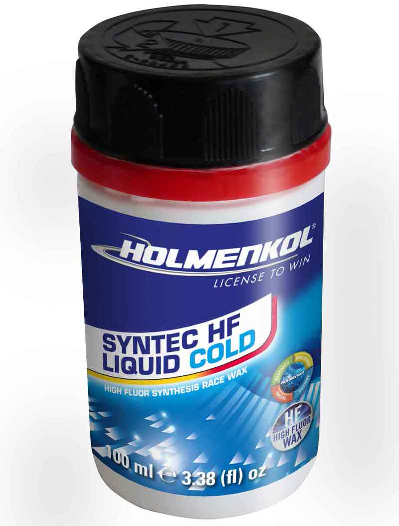 Dose Syntec Speed Liquid COLD von Holmenkol mit blau-weißem Etikett, schwarzem Deckel und rotem Rand.