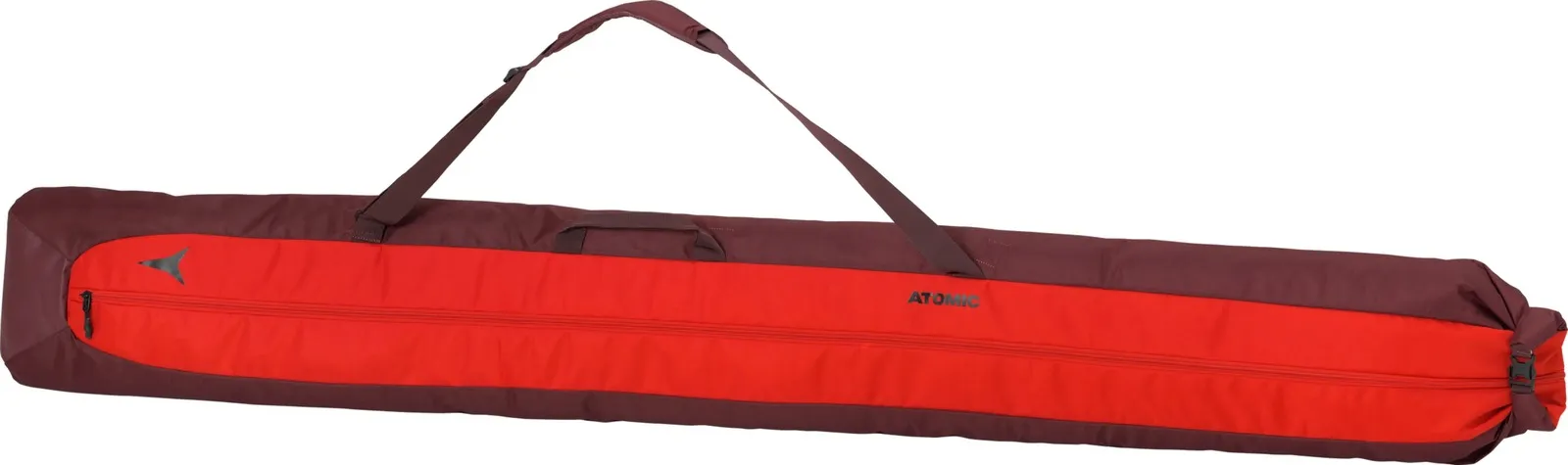 Elongated, padded ski bag in red and dark brown with zipper and carrying strap.
