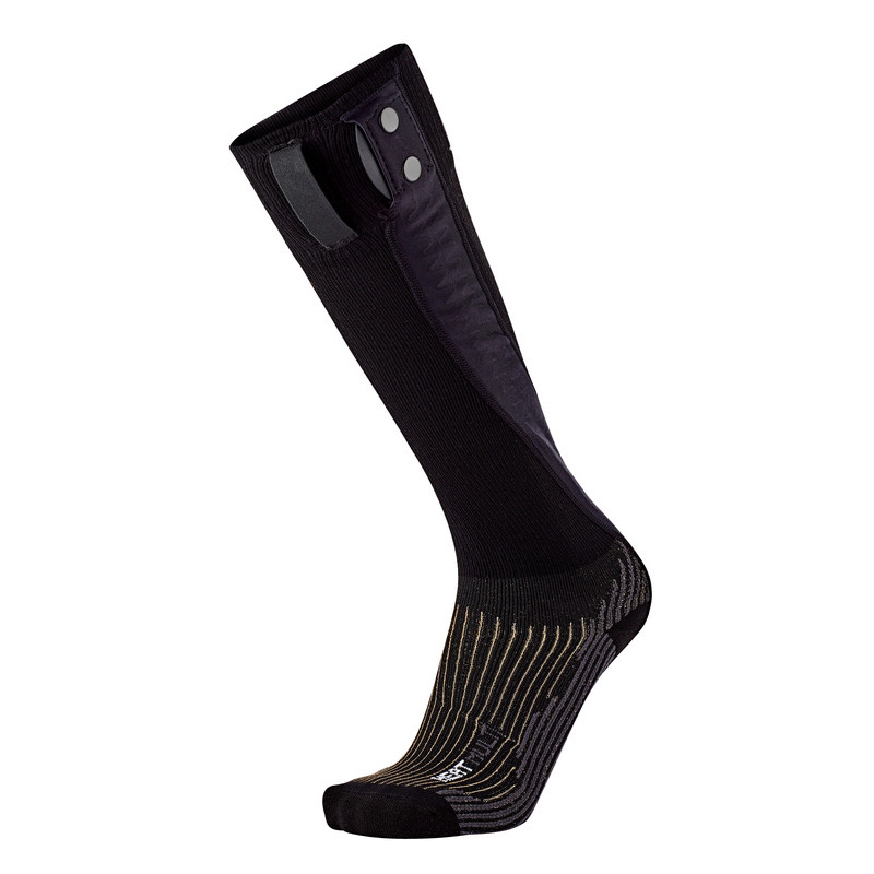 Schwarze Heizsocks mit Akku Schwarze Therm-ic Powersock Heat Multi Socke mit seitlicher Akku-Halterung und goldfarbenen Streifen im Fussbereich.