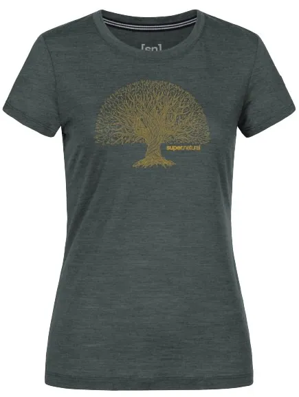 Dark gray yoga T-shirt with tree print in gold. The shirt has a round neckline and short sleeves.