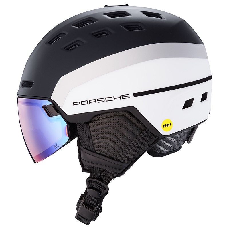 Skihelm "Head Porsche Radar 5K Photo MIPS" in Schwarz-Weiß mit blau schimmerndem Visier und MIPS-Aufkleber.